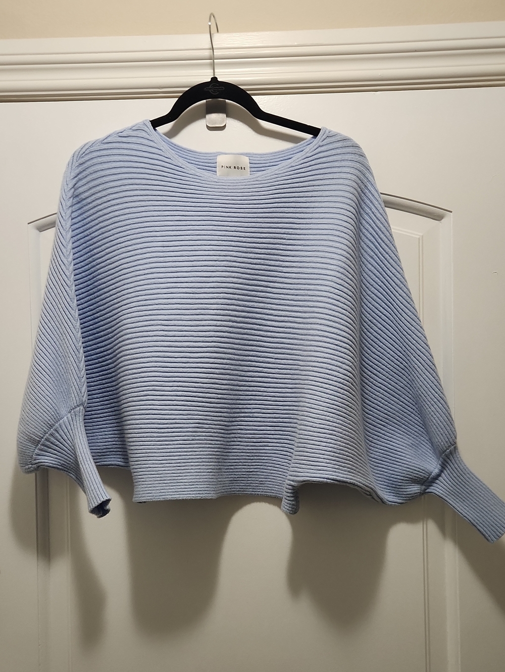Pink Rose Pastel Blue Ribbed Crewneck Sweater